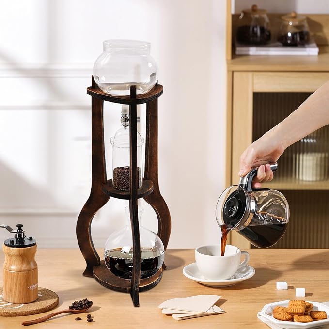 Iced Coffee Cold Brew Drip Tower Coffee Maker with Measuring Spoon, Stainless Steel Filter, Wooden, 6-8 Cup (Brown)