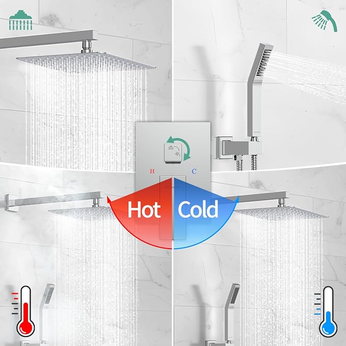 SR SUN RISE Polished Chrome Square Rainfall Shower Head and Handle Set, Wall Mounted Shower Fixtures, Metal Shower Faucet Trim Repair Kits (With Shower Valve)