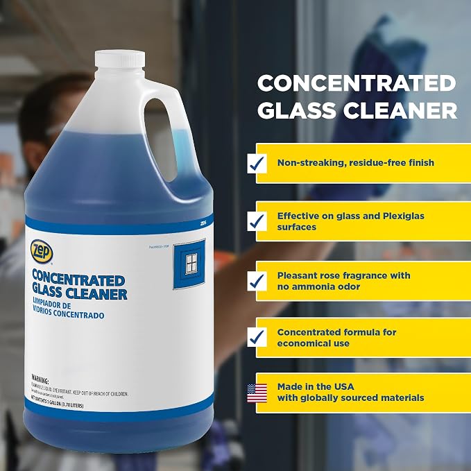 Zep Concentrated Glass Cleaner - 1 Gallon (Case of 4) 105225 - Heavy-Duty Formula for Removing Fingerprints, Dirt, Soil, Dust, Surface Smears, and Grime