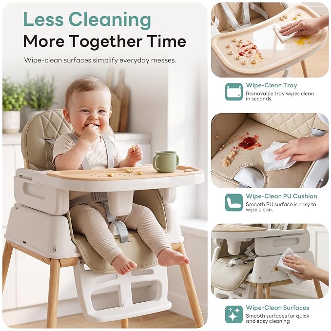 Baby High Chair for Babies and Toddlers, 3-in-1 Convertible Highchair with Built-in Leg Storage, Compact Pack-Away Design, Baby Eating Feeding Chair, Silla De Comer para Bebe, Beige