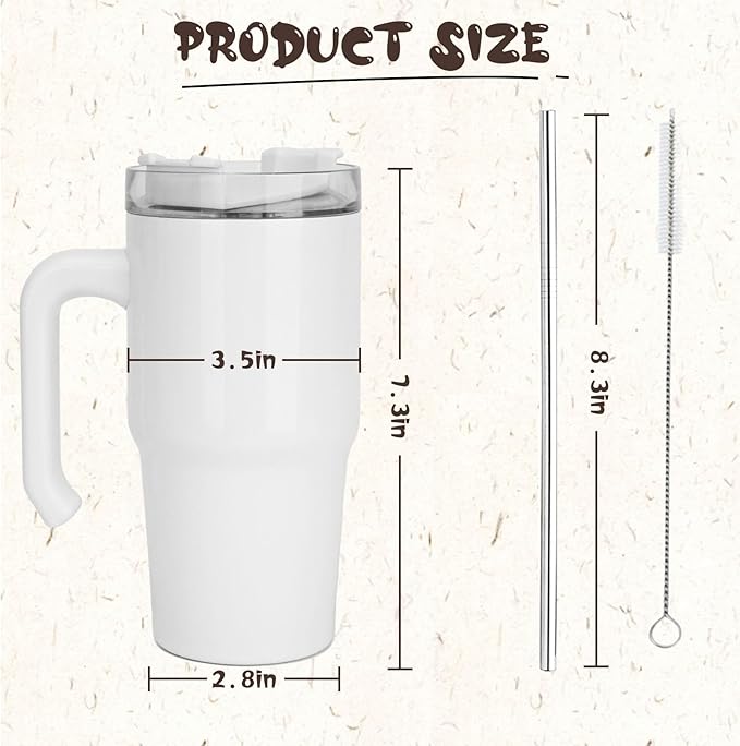 20 oz Sublimation Tumbler with Handle and Metal Straw，Travel Coffee Mug w/Brush,Stainless Steel Double Wall Vacuum Reusable Water Bottle for Most Frames