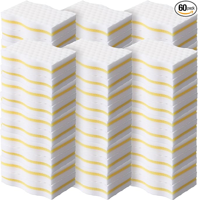 SiliFine 60 Pack Magic Extra Durable Sponge Eraser 3 Layer Density Cleaning Pads in Bulk Thick More Lasting Sponge Eraser for Bathroom Kitchen Floor Bathtub Toilet Cleaner(Yellow and White)
