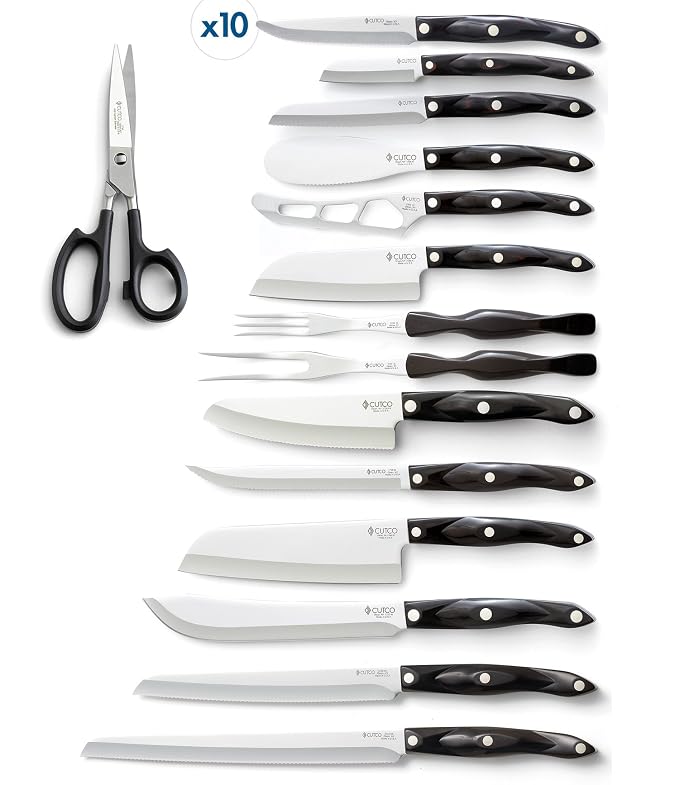 CUTCO Model 6014 Santoku Signature Set with Steak Knives............23 High Carbon Stainless knives & forks (including 10 #2159 Steak Knives) with Classic Dark Brown handles (often called "Black") in factory-sealed plastic bags...........#1652 Honey Oa...