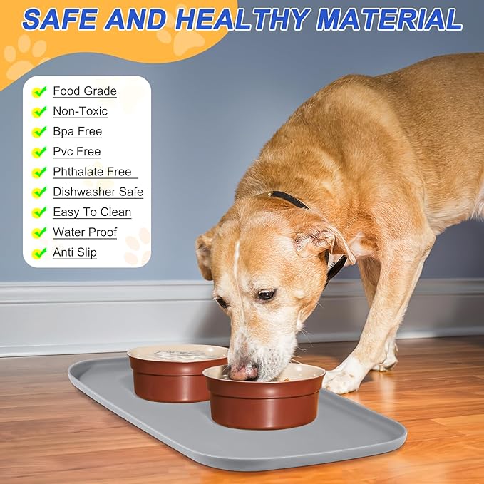 SMILOOL Waterproof Silicone Pet Food Mat with Raised Edge for Dog & Cat | 22" x 14" Non-Slip Pet Feeding Mats with Lip for Food & Water Bowl, Food Grade, Easy Cleaning, Light Gray