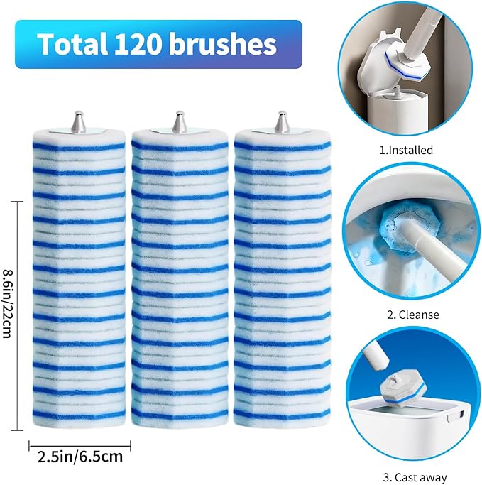 Hohoky 120pcs Bulk Pack of Disposable Toilet Brush Heads，Toilet Wand Refills for Toilet Bowl Brush Cleaner Pads,Toilet Brush Replacement Compatible Heads with Most Toilet Brushes