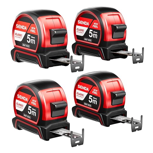 SENDA 4 Pack Tape Measure 16FT with 1/8 Fraction, Double-Hook Measuring Tape Retractable with 1 Inch Wide Blade & Belt Clip, ABS TPR Rubber Protection,Matte Nylon-Coated Blade for DIY, Construction