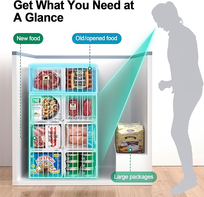 Freezer Organizer Bins, 6 Pack Big Baskets for 5/ 7 Cu.FT Deep Freezer | Stackable Chest Freezer Organizer Bins, Foldable Baskets with Handles, White Storage Container Baskets for Sort Frozen Meats