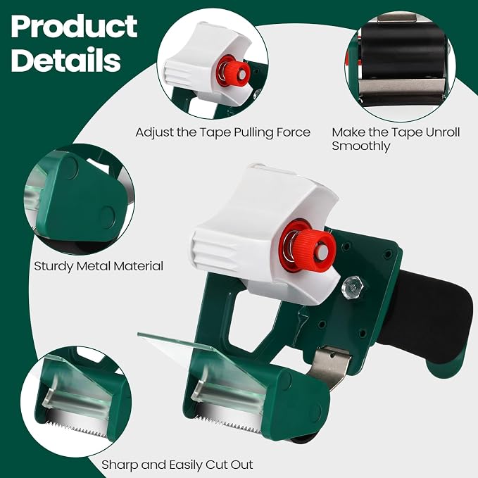 Dunzoom 2 Pack Packing Tape Dispenser Gun with 12 Roll Packing Tape 2 Inch Gun 2.7 Mil Heavy Duty Packaging for Shipping, Moving, Carton and Box Sealing (Green)