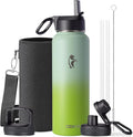 Water Bottle 40 oz Insulated with Straw&Brush, Coolflask Vaccum Stainless Steel Metal 3 Lids Water Flask for Sports, Gym or Office, Keep Cold 48H Hot 24H, Ombre Green