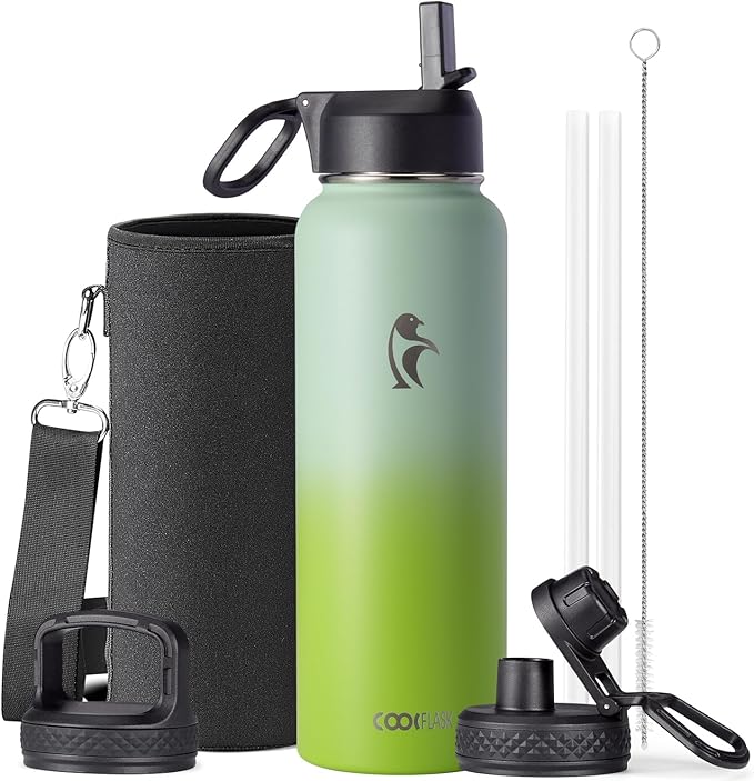 Water Bottle 40 oz Insulated with Straw&Brush, Coolflask Vaccum Stainless Steel Metal 3 Lids Water Flask for Sports, Gym or Office, Keep Cold 48H Hot 24H, Ombre Green