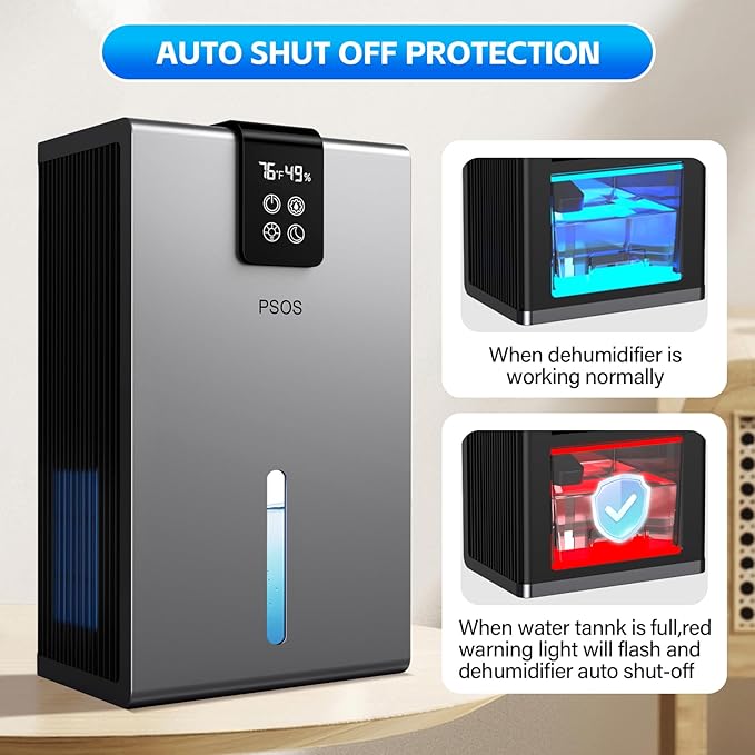 PSOS Dehumidifier, Dehumidifiers for Home, 98 OZ Water Tank, (1000 sq.ft) Quiet Dehumidifier for Basement Bathroom Bedroom with Humidity Display, Auto Shut Off, Relaxing 7 Color Ambient Light(Gray)