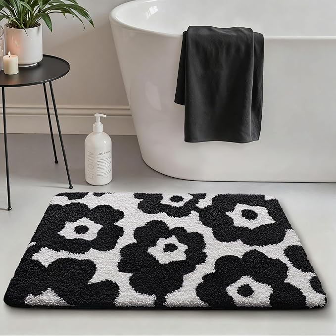 LUMI Bathroom Rugs Cute Floral Design, Soft Absorbent Microfiber Bath Mat Non-Slip, Machine Washable Quick Dry Luxury Rug Flower Black and White for Floor, Bathtub, Home Decor, 20"x32"