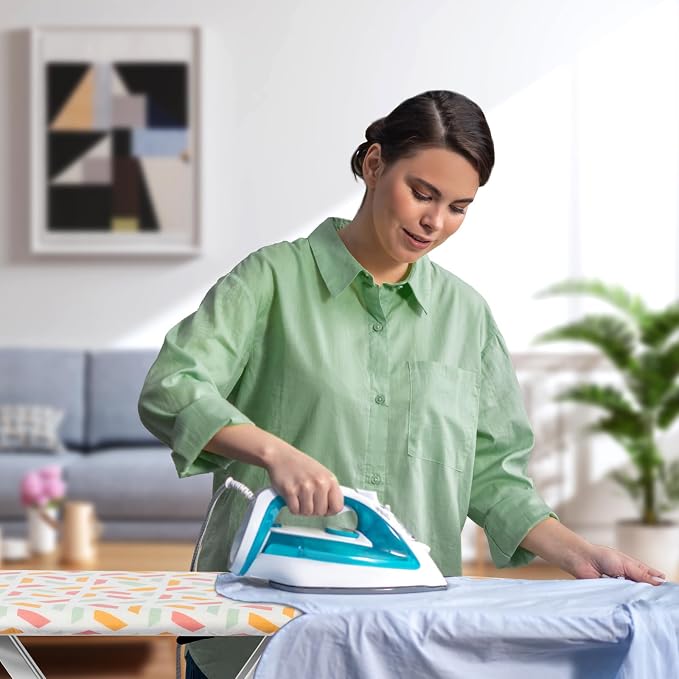 BKTD Ironing Board, Heat Resistant Cover Iron Board with Steam Rest, Non-Slip Foldable Ironing Stand. Heavy Sturdy Metal Frame Legs Iron Stand(13 * 34 * 53 Inches) (Geometric White)
