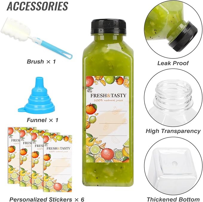 TOMNK 6pcs Juice Bottles, 16oz Reusable Plastic Juice Bottles with Caps and Labels, Funnel, Brush Beverage Containers for Juicing, Smoothies, Tea, Milk