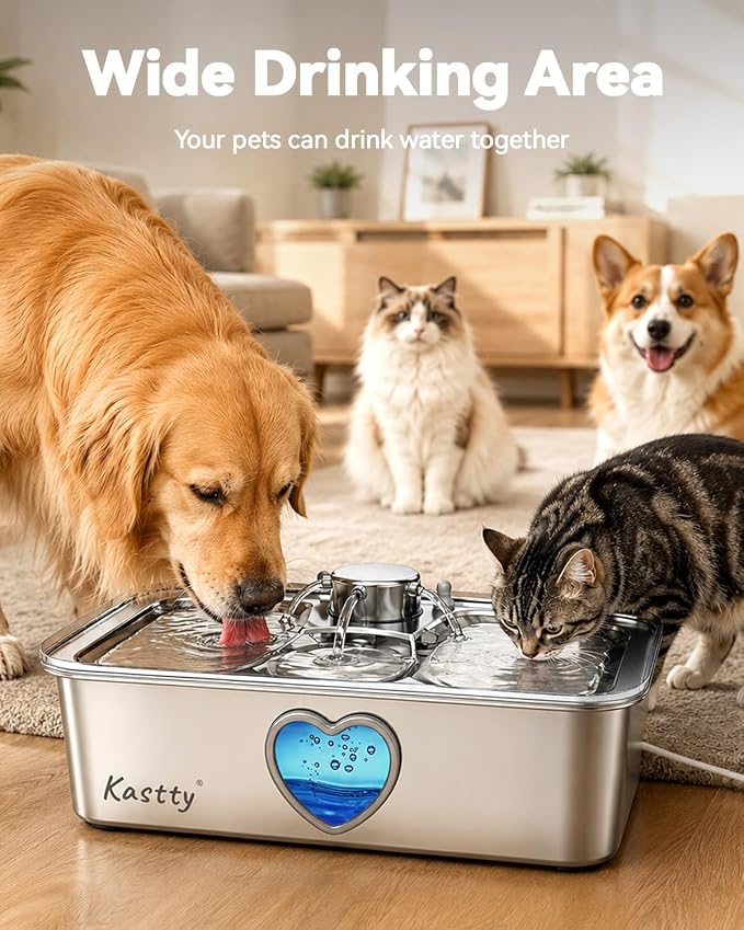 Kastty 4.5Gal/17L Stainless Steel Dog Water Fountain for Pets, Inside, FS87 | 6-Stage Filtration, Dual-Color LED, Visual Window, Large Medium & Multi-Pet