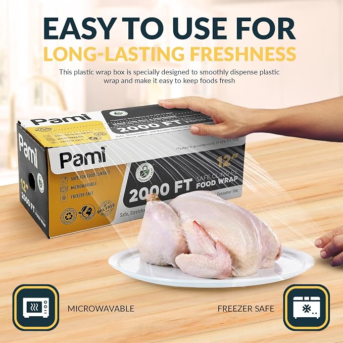 PAMI Plastic Food Wrap 12” x 2000 FT with Slide Cutter – Safe Cling Stretch Film, BPA Free, Microwave & Freezer Safe, Durable Food Storage Wrap for Home & Commercial Use
