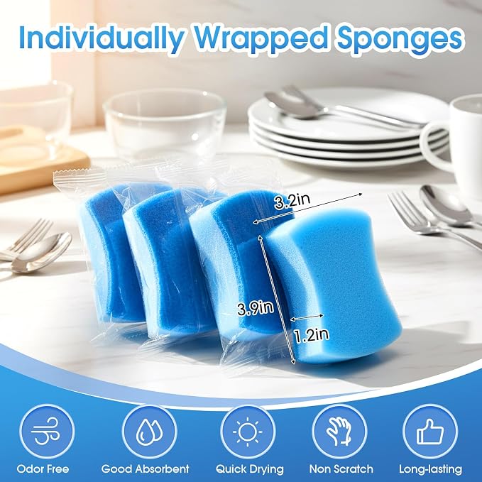Tioncy 120 Pcs Individually Wrapped Sponges Bulk Dual-Sided Dishwashing Sponge Non-Scratch Scrub Sponges Dish Scrubber for Kitchen, Restaurant, Washing Dishes, Cleaning, Pots, Pans, Car, Bike