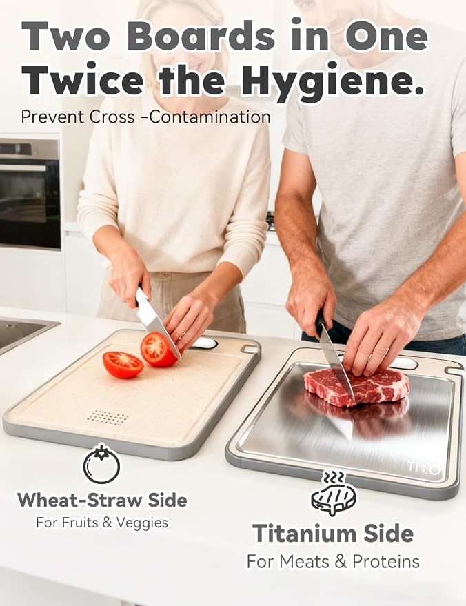 TIBO Titanium Cutting Board with Knife Sharpener, 14.3"L x 9.8"W Double-Sided Small Board (Titanium & Wheat Straw PP) for Meat, Fruit & Vegetable, Hand Wash
