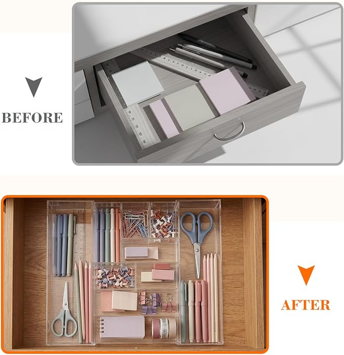 Briwooody 1 Pcs Acrylic Desk Drawer Organizer 9'' up to 17'' x 15'' x 2.1'' Expandable Drawer Organizer Trays with 9 Adjustable Compartments Clear Desk Accessories for Makeup Office Bathroom