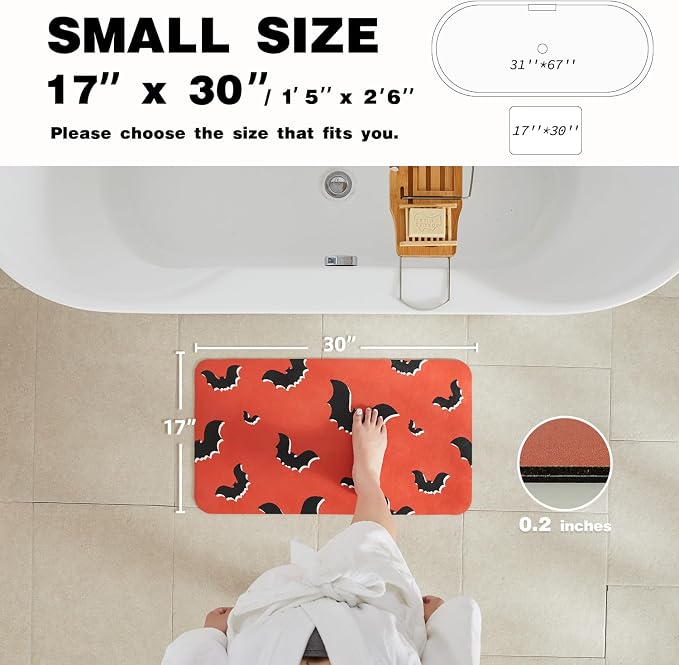 TYUU Halloween Bath Mat, Thin Halloween Bathroom Rug Non Slip Quick Dry Bat Bath Mat Fits Under Door Thin Floor Mat Halloween Decor, 17''x30'', Gothic Bats Orange