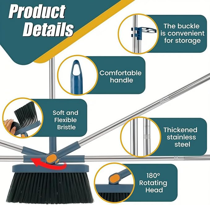 Broom and Dustpan Set, Long Handle Standing Broom with Self-Cleaning Comb Teeth, Heavy Duty Broom Dustpan Combo for Home Kitchen Office Floor Pet Hair Cleaning (Blue)