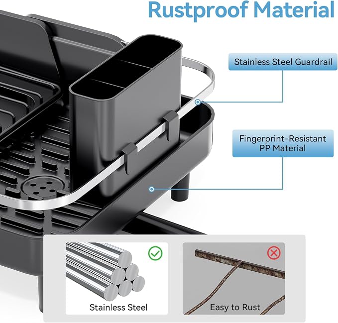Urackify Expandable Dish Drying Rack for Kitchen Counter, 16.2-23.7", Black | Adjustable Capacity, Countertop-Stay-Dry Drainboard, Stable Plate Rack, Spave Saving for Apartment, RV, Dorms