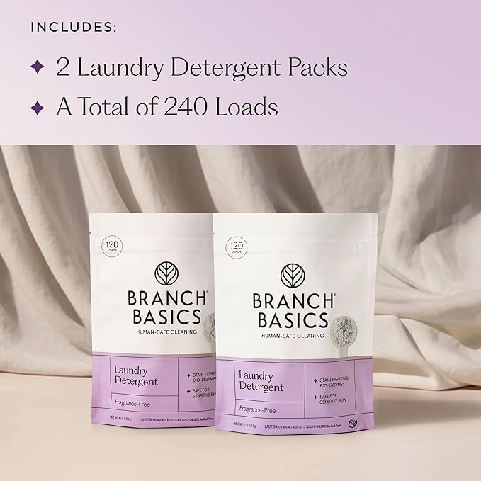 Branch Basics Laundry Detergent – 2 Pack, 4lbs per | Plant & Mineral-Based Formula | Lifts Stains & Removes Odor | Plastic-Free, Fragrance-Free & Safe for Sensitive Skin