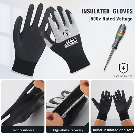 Electrical Insulated Gloves 500V-1PC Voltage Resistance Electrician High Voltage Insulation Work Gloves Flame Retardant & Rubber Non-Slip Grip for Electrical Work (Black and White)