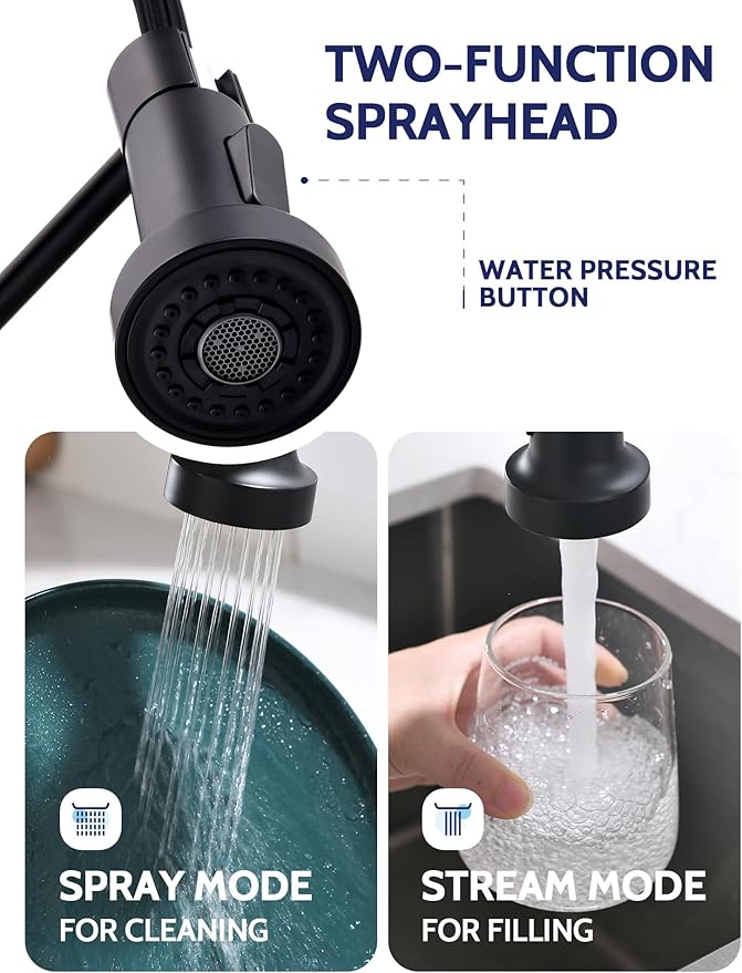 LUFEIDRA Black Kitchen Faucet with Pull Down Sprayer, High Arc Spring 304 Stainless Steel Single Handle 1 or 3 Hole 2 Mode Kitchen Faucets for Farmhouse RV Camper Laundry Wet Bar Pot Filler Faucets