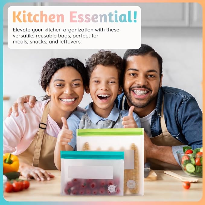 Reusable Food Storage Bags – 10-Pack Stand-Up, BPA-Free, Freezer, Dishwasher Safe, & Eco-Friendly– 5 L, 5 M Bags – Airtight Leakproof Sandwich, Snack, Travel & Make-Up baggies (Multicolor)