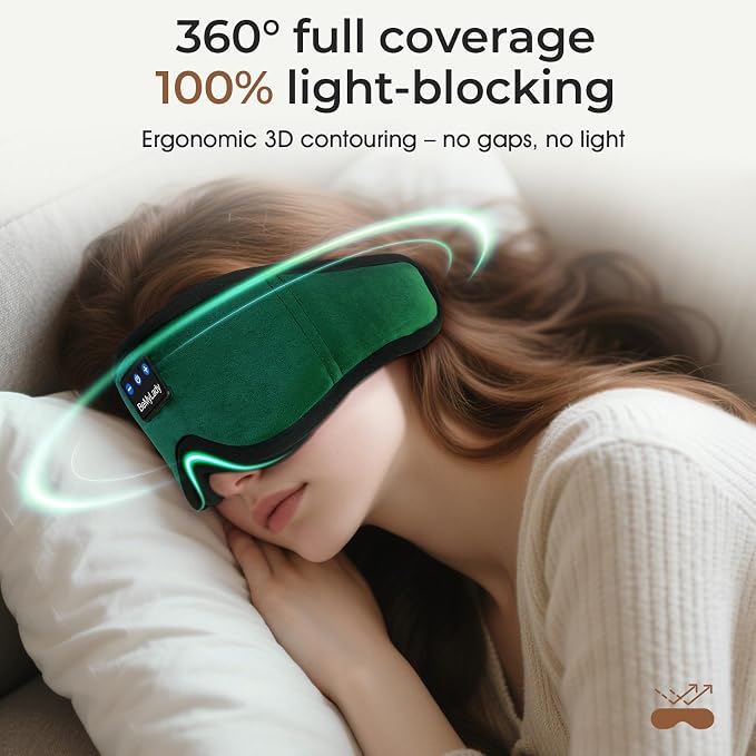 Sleep mask Headphones,100% Blackout 3D Zero Eye Pressure Bluetooth Sleep mask Breathable Eye mask with Bluetooth Headphones Sleep Headphones for Side Sleepers, 14H Playtime&Bluetooth 5.4 Green