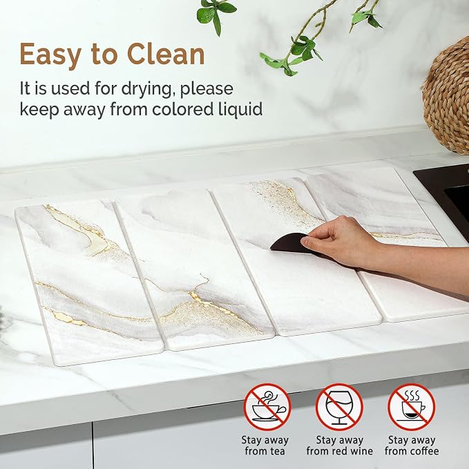 Large Stone Dish Drying Mat for Kitchen Counter, 2 PCS Quick Dry Stone Mats, Foldable Water Absorbing Diatomaceous Earth Drying Dishes Pad for Countertop Bottle Utensil Cup(Yellow White 24"x16"&8"x4")