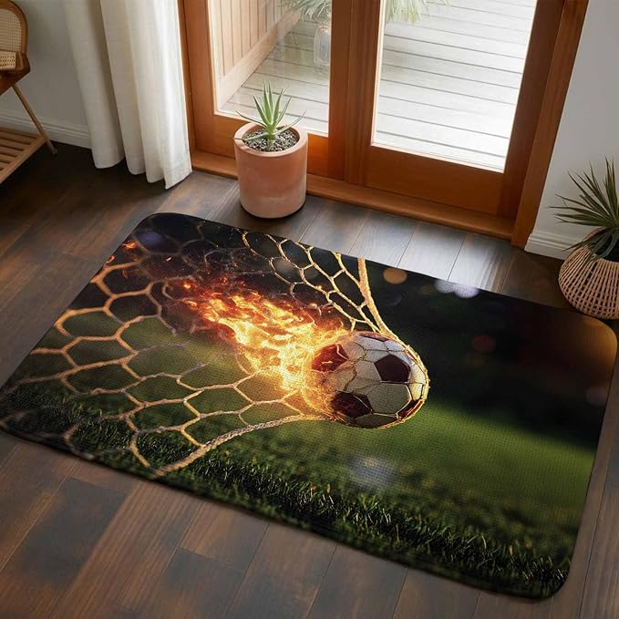 Flaming Soccer Bathroom Rugs Non Slip Washable Bath Mat Absorbent Front Door Mat Goal Net Powerful Fire Orange Grass Green Indoor Doormat for Kitchen Entryway Shower Decor Accessories 19.7"x31.5"