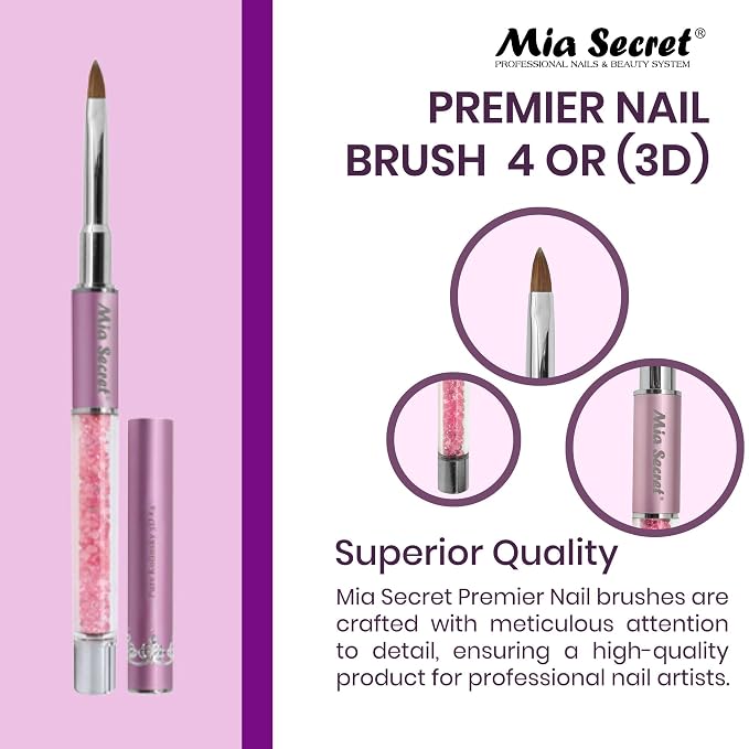 Mia Secret PREMIER NAIL BRUSHES 100% Kolinsky Hair MADE IN USA Prenium Nail Art Brushes (Pink, 4 OR (3D))
