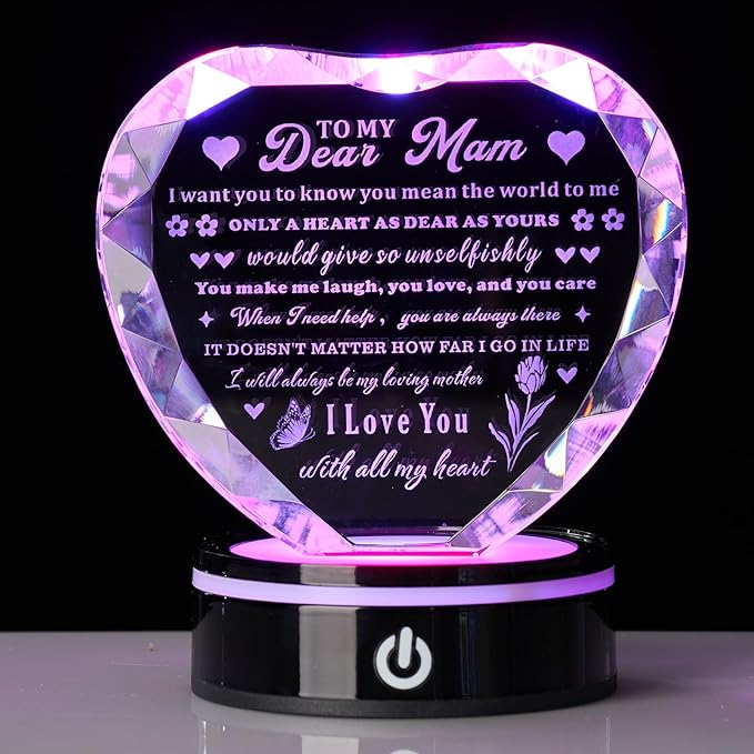 Crystal Heart Birthday Gifts Ideas for Mother from Son Daughter Moms Mother's Day Mothers Day Gifts for Mom Romantic Best Unique Keepsakes Presents with Colorful LED Base Gift (Mom Gifts)