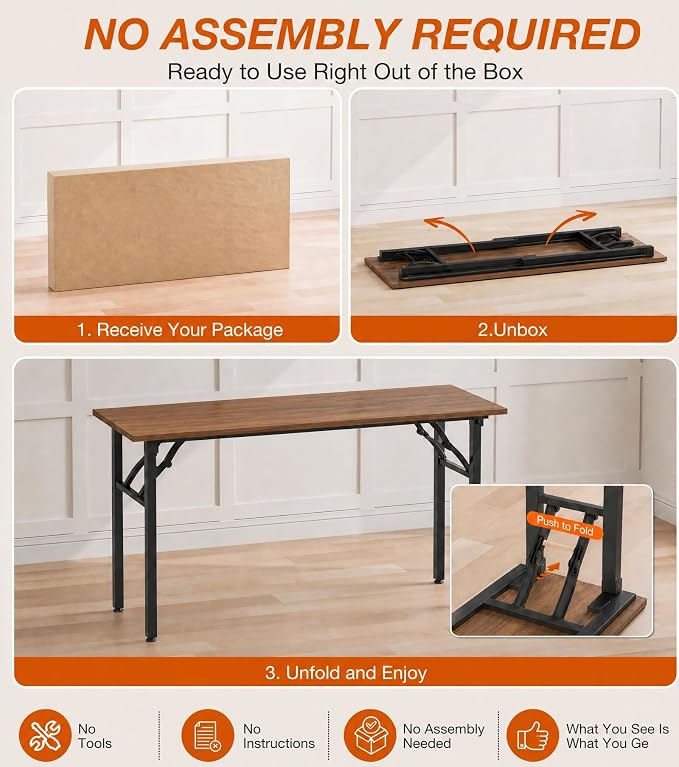 XBurmo Folding Desk Foldable Table, No Assembly 55.1" Foldable Desk Space-Saving Workstation for Small Space, Computer Table, Flat Storage for Home Office, Bedroom, Dorm, Study Room, Dark Walnut