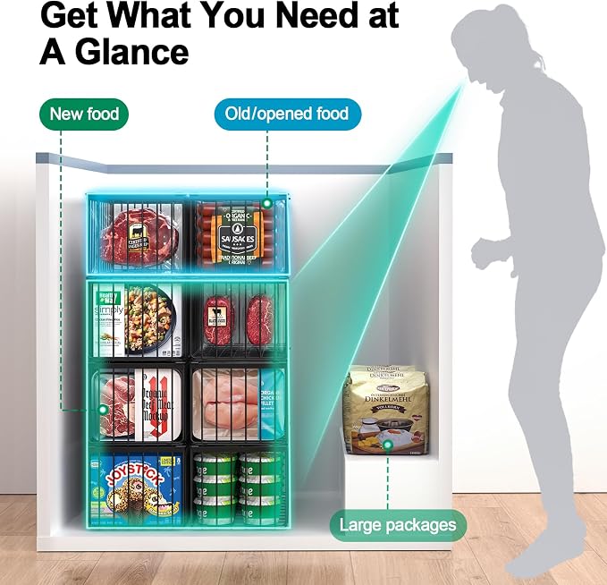 Freezer Organizer Bins, 4 Pack Big Baskets for 5/ 7 Cu.FT Deep Freezer | Stackable Chest Freezer Organizer Bins, Foldable Baskets with Handles, Black Storage Container Baskets for Sort Frozen Meats
