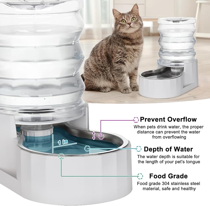 RIZZARI 4L Gravity Cat Water Dispenser: Filter-Free Compact Home Use | No Power Needed/Stainless Steel Bowl/Spill-Resistant Base/Perfect For Cats & Small Dogs/Easy Water Refill