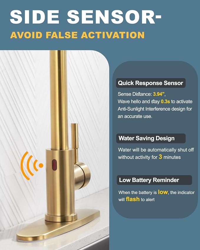 Touchless Kitchen Faucet Stainless Steel: WOWOW Smart Motion Sensor Kitchen Sink Faucet with Sprayer, Automatic Hand-Free Brushed Gold Kitchen Faucet for Sink 1 or 3 Hole