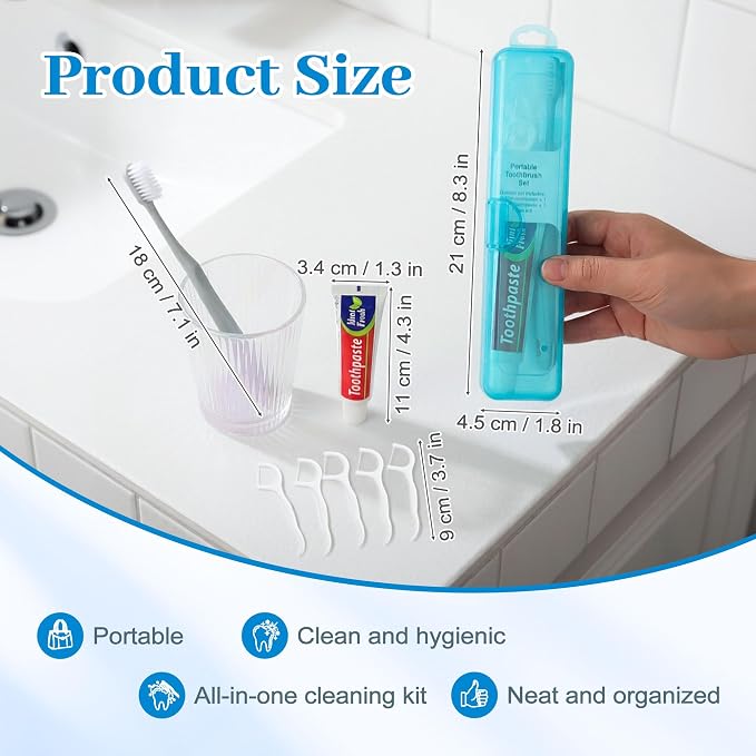 Travel Toothbrush Kit Includes Travel-Sized Toothbrushes, 25g Travel Toothpaste, 5 Floss Picks, a Travel Toothbrush Holder, Ideal for Home, Hotels (Blue, Pink, 10-Pack)