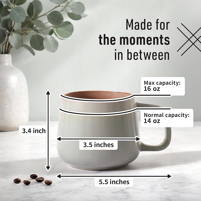 Ava Nord Large Stoneware Ceramic Coffee Mugs Set of 4 | 16 oz | Sage Ash | Lead-Free, Non-Toxic, Freezer - Microwave & Dishwasher Safe, Comfortable Handle, Aesthetic Nordic Design for Latte, Tea