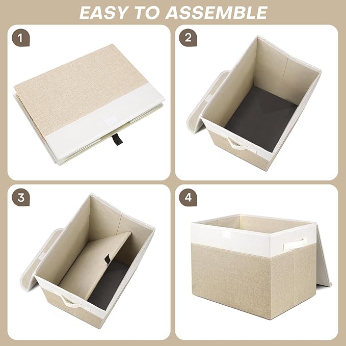 Bagnizer Large 17" 42 Quarts Collapsible Stackable Storage Bins with Lids [3-Pack] Foldable Fabric Linen Storage Boxes Cube, Closet Organizer Baskets with Label (16.7 x 12 x 12, Beige & White)