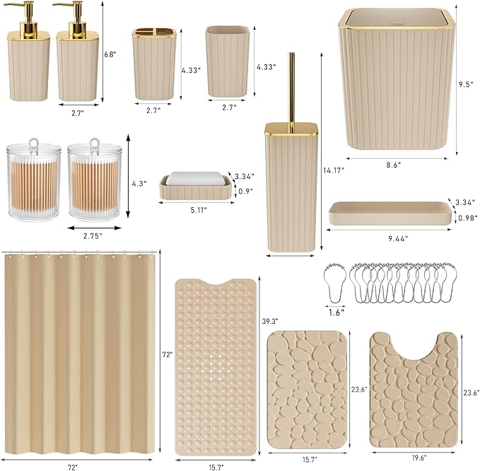 XLHOMO 26PC Bathroom Accessories Set - Gorgeous Beige Bathroom Set, Bathroom Accessory Set, Shower Curtain Set with Bathtub Mats for Shower Tub, Trash Can & Soap Dispenser