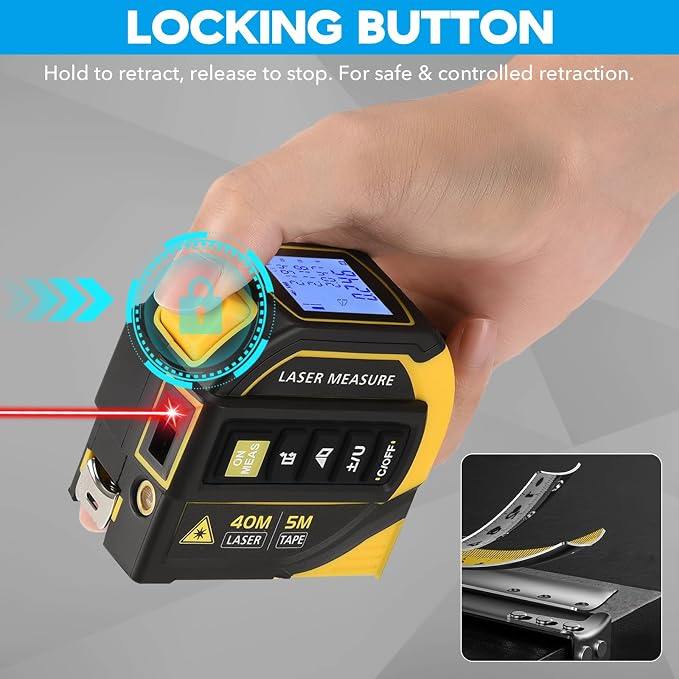 4-in-1 Laser Tape Measure - Class 2, 131FT Laser Distance Meter, 16FT AutoLock Tape Measure, Cross-Line Laser Level, Dual-Axis Electronic Angle, LCD Display, for DIY, Construction Projects
