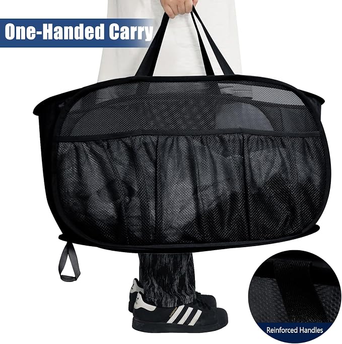 2 Pack Collapsible Laundry Baskets, Upgrade Pop Up Laundry Hamper with Convenient Bags, Foldable Laundry Basket Mesh Light Weight, Easy to Carry Clothes Hampers for Laundry, Dorm, Toys, Travel Black
