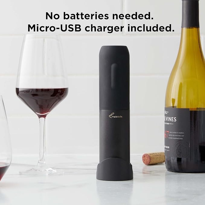Rabbit Electric Corkscrew Wine Opener - Push Button Automatic Bottle Opener, Compact Design, Opens Bottles Quietly, Stores Vertically or Horizontally
