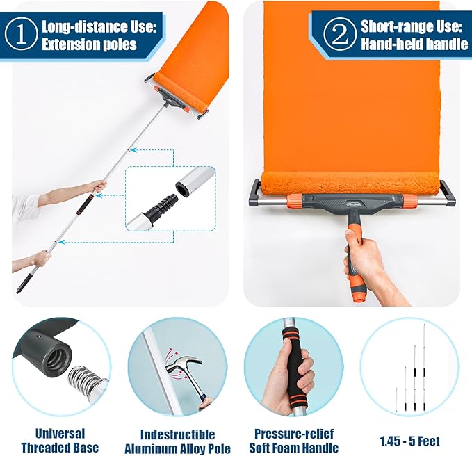 10pcs 12"-18" Adjustable Large Paint Roller Kit: 1-5Ft Aluminum Extension Poles, Brush & Roller Cleaner, Ergonomic Handle, 18" Nylon Covers for Walls,Ceiling,Floors,Interior,Exterior Painting