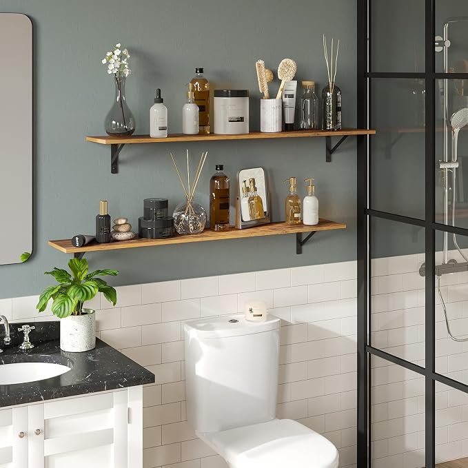 DINZI LVJ Long Wall Shelves, Set of 4, 47.3Inch Wall Mounted Shelves, Extra Large Storage Ledges with Sturdy Metal Brackets for Living Room, Bathroom, Bedroom, Kitchen, Rustic Brown