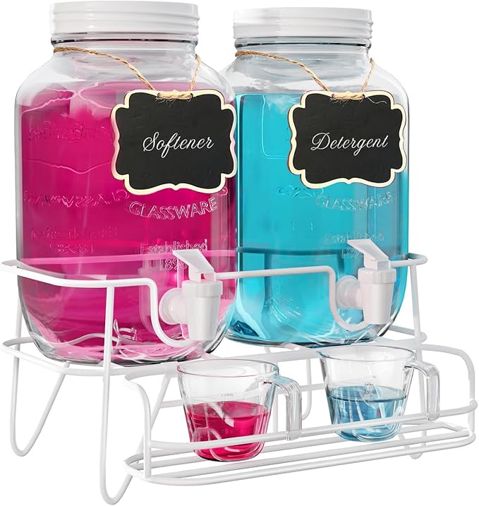 Roetell 2 Sets 1 Gallon Laundry Detergent Dispenser with Stand, Glass Laundry Soap Dispenser, Liquid Laundry Detergent Dispenser for Laundry Room Organization Dispenser Containr
