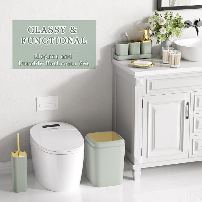 XLHOMO Bathroom Set, Bathroom Accessory Set, Sage Green Bathroom Accessories Set with Press-on Lid Bathroom Trash Can, Soap Dispenser, 9PC Bathroom Accessory Set for Home